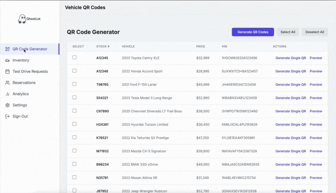 GhostLot application interface showing dealer dashboard